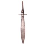 A 17th century plug bayonet, leaf shaped blade 12½”, with raised rib and swollen wooden grip, flat