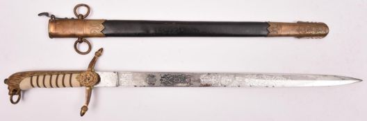 An 1891 pattern naval midshipman’s dirk, blade 17½” by Gieves, etched with panels of scrolls,