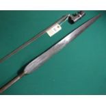 A spear, probably central African, the slender leaf shaped head 18” with central ridge, with knobbly