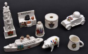 8 Crested China Items comprising Edith Cavell Memorial (Morecambe), Cooking Range (Oxford), WWI