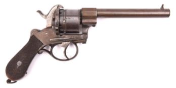 A Belgian 6 shot 12mm double action open frame military type pinfire revolver, round barrel 6”, B’