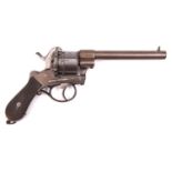 A Belgian 6 shot 12mm double action open frame military type pinfire revolver, round barrel 6”, B’