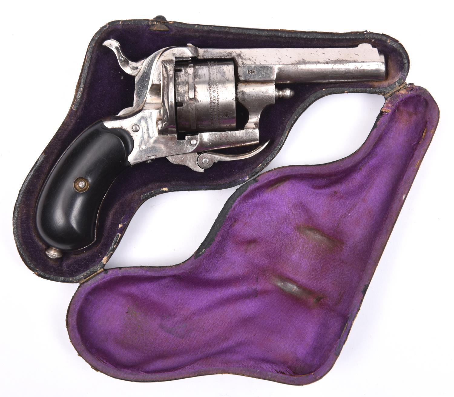 A Belgian 6 shot 7mm solid closed frame double action pinfire revolver, round barrel 2½” with