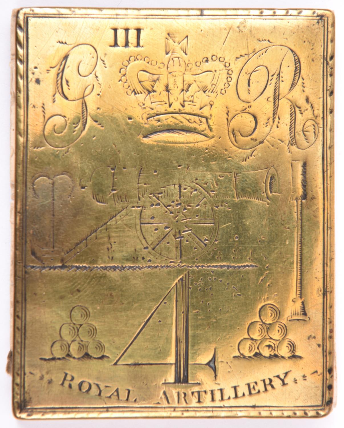 A Georgian engraved rectangular brass shoulder belt plate of the 4th (Battery ?) Royal Artillery,