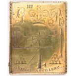 A Georgian engraved rectangular brass shoulder belt plate of the 4th (Battery ?) Royal Artillery,