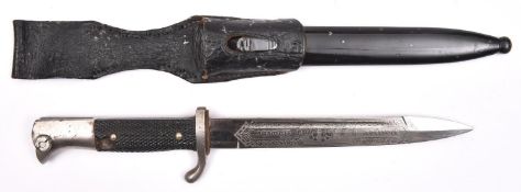 A Third Reich period dress bayonet, 7½” plated blade with maker’s mark of a classical helmet and