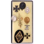 A Collection of 9 Third Reich tie pins, comprising wound badge in silver, wound badge black, Iron