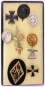 A Collection of 9 Third Reich tie pins, comprising wound badge in silver, wound badge black, Iron