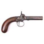 A 30 bore percussion boxlock side hammer large pocket pistol, turn off barrel 3” with fern tip