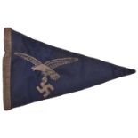 A Third Reich vehicle pennant, 13” x 8”, dark blue with embroidered grey Luftwaffe eagle. GC £40-60.