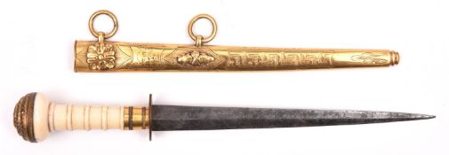 A Georgian naval dirk, c 1810, blade 6” of shallow diamond section, retaining traces of etched