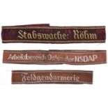 3 Third Reich cuff titles, Feldgendarmerie, Stabswache Rohm, and Arbeitsbereich Osten Der NSDAP.