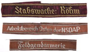 3 Third Reich cuff titles, Feldgendarmerie, Stabswache Rohm, and Arbeitsbereich Osten Der NSDAP.