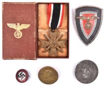 Third Reich War Service cross with swords, in case of issue; enamelled party badge; Hitlers Dank