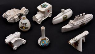 7 WWI themed crested china items comprising: Tank (City of London); The Lusitania (Brighton);