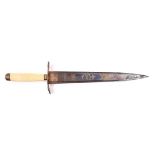 A Georgian naval dirk, broad SE blade 10¾” with etched, blued and gilt decoration, gilt copper