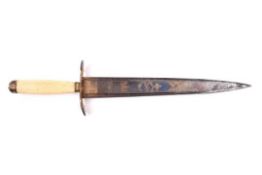 A Georgian naval dirk, broad SE blade 10¾” with etched, blued and gilt decoration, gilt copper