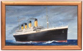 A gilt wood framed oil painting of the White Star Liner Titanic. 65.5cm x25.5cm within frame.