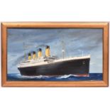 A gilt wood framed oil painting of the White Star Liner Titanic. 65.5cm x25.5cm within frame.