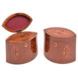A pair of marquetry tea caddies. Decorative shells to hinged lids and flowers and stringing to