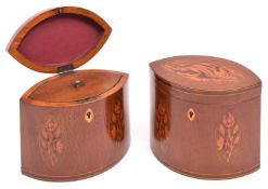 A pair of marquetry tea caddies. Decorative shells to hinged lids and flowers and stringing to