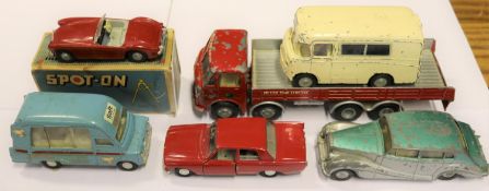 6 Spot-On. AEC Open Wagon, B.R.S. livery. Wadham Morris Ambulance, with a worn/damaged box. A