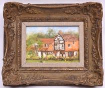 An original David Shepherd oil on board of his house. Signed in the lower right corner. Mounted