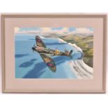An impressive glazed and famed watercolour of an RAF MK1a Spitfire over The Seven Sisters in East