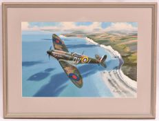 An impressive glazed and famed watercolour of an RAF MK1a Spitfire over The Seven Sisters in East