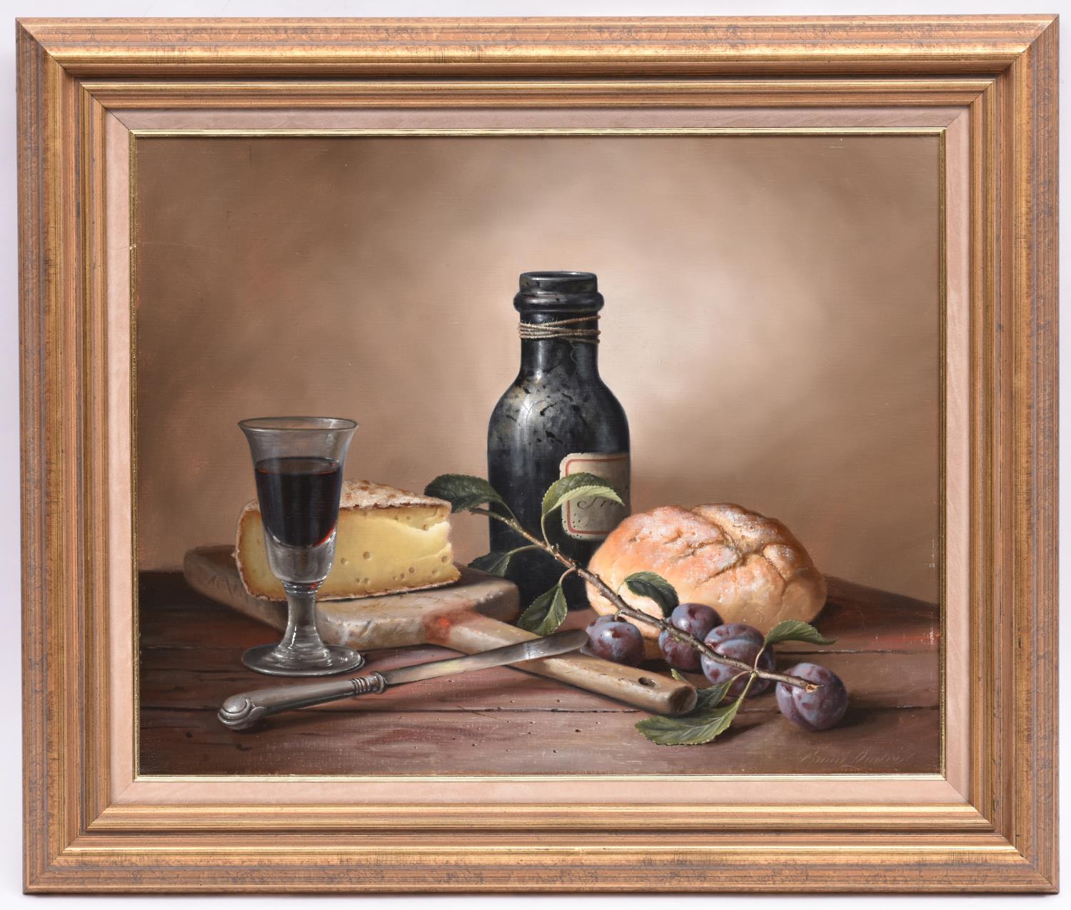 Brian Davies (1942 - 2014), oil painting on canvas. A still life with wine, bread and cheese. Signed