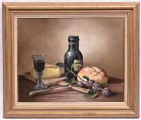 Brian Davies (1942 - 2014), oil painting on canvas. A still life with wine, bread and cheese. Signed