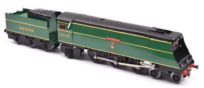 An O gauge modern tinplate handbuilt Southern Railway West Country Class 4-6-2 tender locomotive,