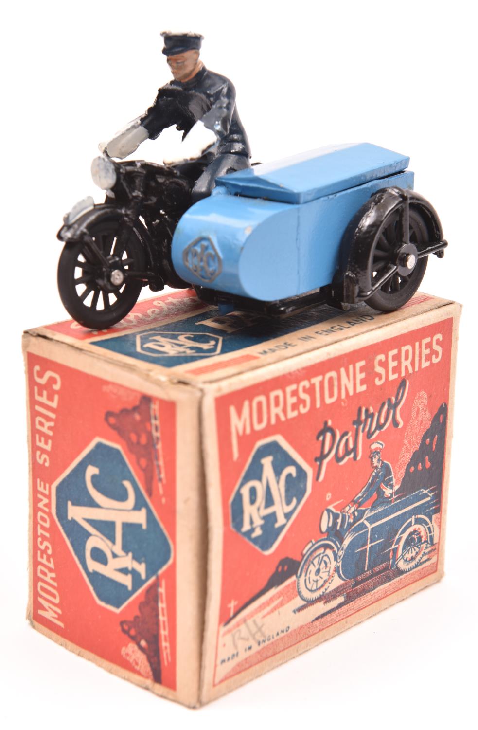 Morestone Series RAC Scout Patrol. In black and mid blue livery, with opening box sidecar,