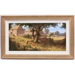 Edward Hersey, oil painting on canvas. A rural scene with farmhouse, barn, chickens and cows. Signed