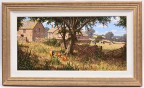 Edward Hersey, oil painting on canvas. A rural scene with farmhouse, barn, chickens and cows. Signed