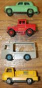 4 Dinky Toys. Hillman Minx in green. NCB Electric Van in grey 'Express Dairy' livery. Mersey