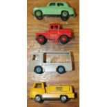 4 Dinky Toys. Hillman Minx in green. NCB Electric Van in grey 'Express Dairy' livery. Mersey