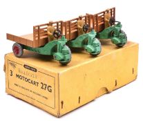 A Dinky Toys 3-vehicle Trade Box (27A). Containing 3 Motocart (27G). in green with fawn body and red