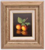 Ronald Berger, oil painting on board. A still life with two apples. Signed in the bottom right