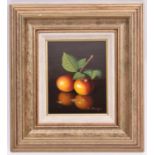 Ronald Berger, oil painting on board. A still life with two apples. Signed in the bottom right