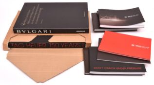 10x Bulgari and TAG Heuer watch catalogues and books. A Bulgari Collection persentation book in a