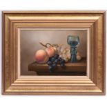 Brian Davies (1942 - 2014), oil painting on canvas. A still life with glass and fruit. Signed in the