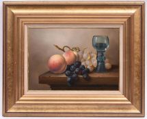 Brian Davies (1942 - 2014), oil painting on canvas. A still life with glass and fruit. Signed in the