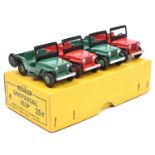 A Dinky Toys 4-vehicle Trade Box (25Y). Containing 4 Jeep (Universal). 2 in green with green wheels,