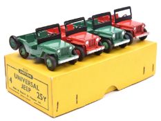 A Dinky Toys 4-vehicle Trade Box (25Y). Containing 4 Jeep (Universal). 2 in green with green wheels,