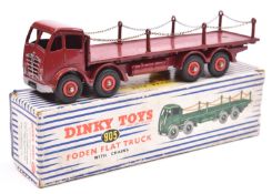 A Dinky Toys Foden Flat Truck with Chains (905). In maroon with maroon wheels. Boxed, some wear.