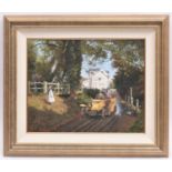 Malcolm Root, oil painting on canvas. A rural scene with early Renault(?) car. Signed and dated 1997