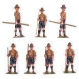 7 rare Britains Boy Scouts. All pre-war examples. 7 walking with poles, 1 on shoulder, 2 held