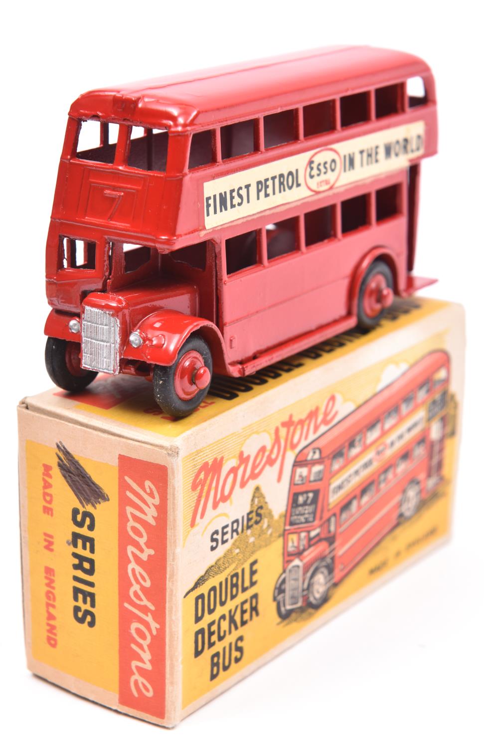 Morestone Series Double Decker Bus. An example in bright red with red wheels and black rubber tyres,