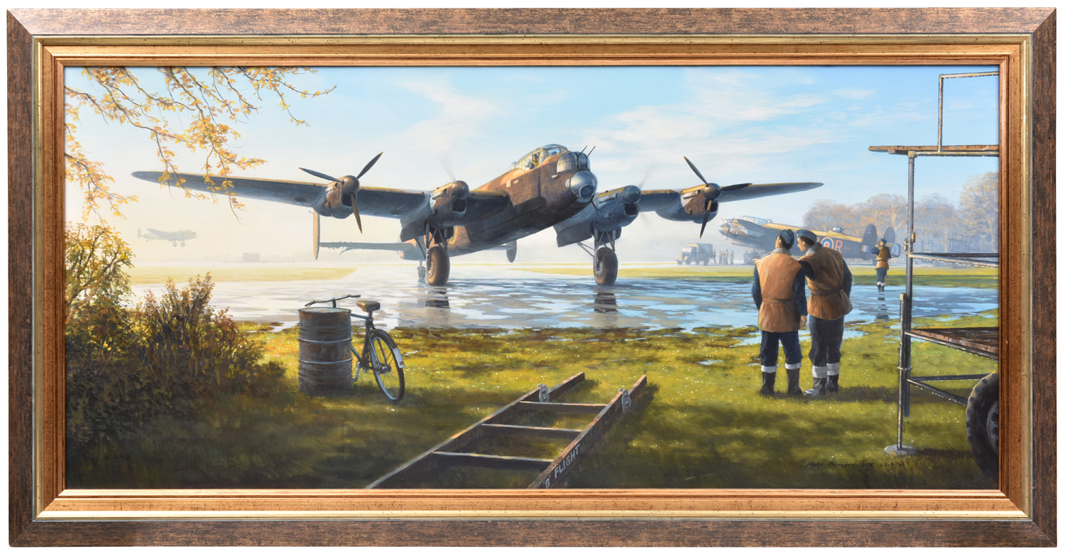 An oil painting on canvas entitled 'First Light' by the aviation artist Mark Postlethwaite GAvA,